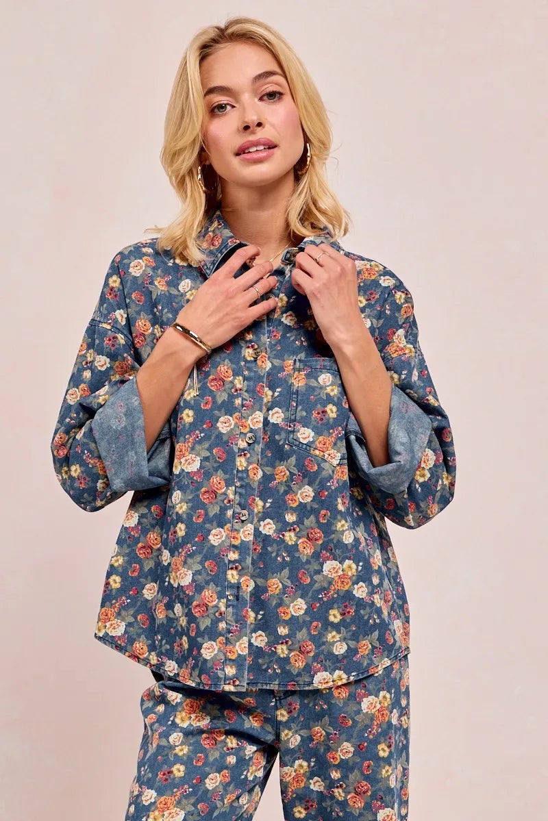BiBi Washed Florla Print Denim Jacket