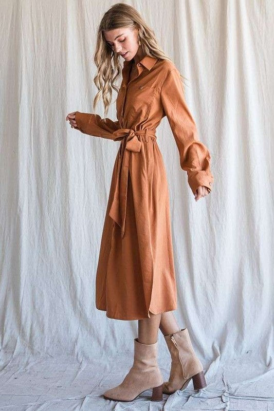 Jade by Jane Solid Button Down Belted Long Dress