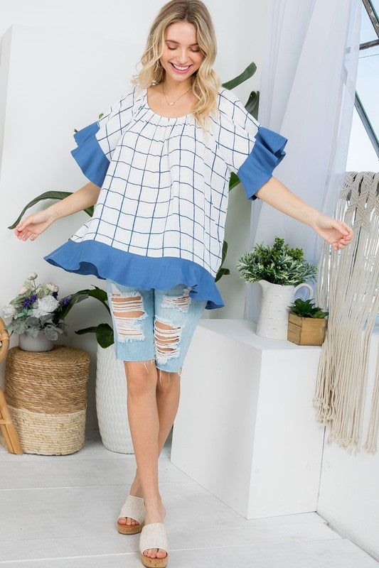 e Luna PLUS Plaid Mix Ruffle Peasant Top