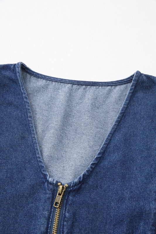 Denim Ruffle Sleeve Zip Front Belted Romper