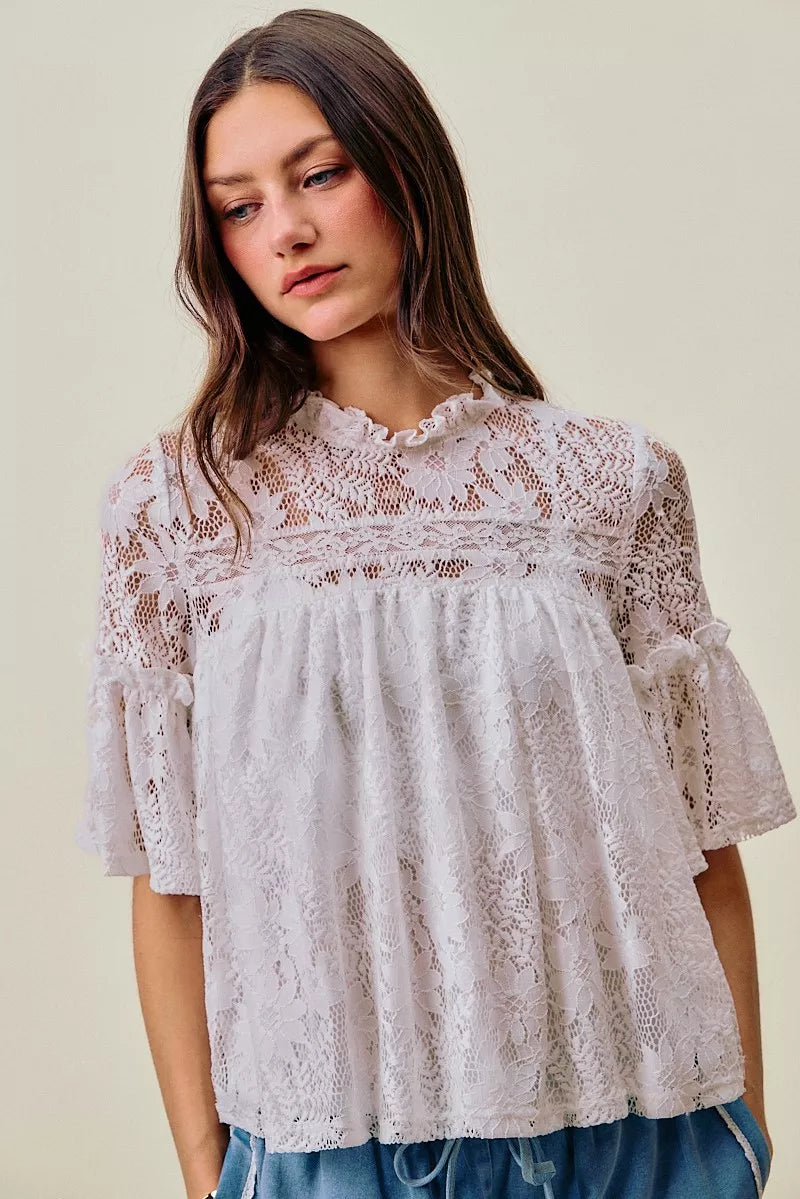 SO ME Lace Ruffled Short Sleeves Swing Top