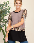 Celeste Full Size Open Tie Sleeve Leopard Color Blocked Top