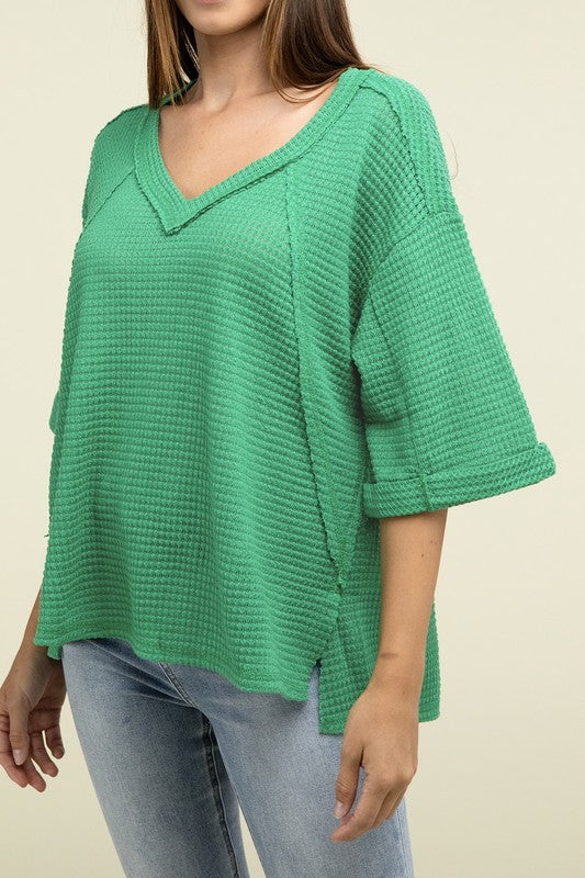 Zenana Brushed Waffle Exposed-Seam 3/4 Sleeve Top