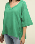 Zenana Brushed Waffle Exposed-Seam 3/4 Sleeve Top