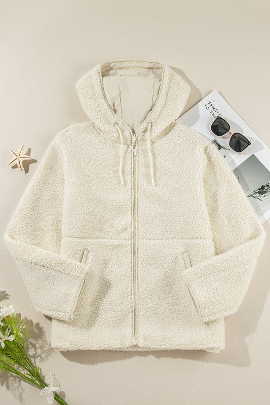 Fleece Zip-Up Drawstring Pocketed Hooded Jacket