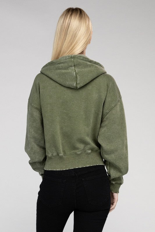ZENANA Acid Wash Fleece Cropped Zip-Up Hoodie