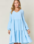 Double Take Full Size V-Neck Balloon Sleeve Tiered Dress with Pockets