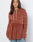 Be Stage Full Size Drawstring Striped Babydoll Hoodie