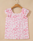 Floral Bow-Back Square Neck Ruffle Sleeve Blouse