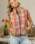 BiBi Quilted Washed Plaid Snap Down Vest