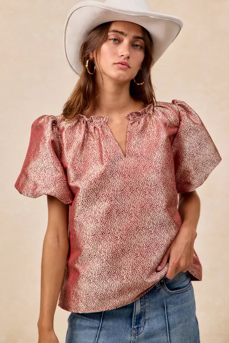 BiBi Jacquard Woven Short Balloon Sleeves V Neck Top