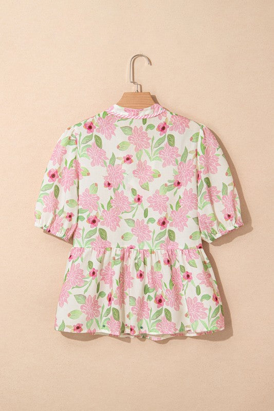 Floral V-Neck Puff Sleeve Peplum Blouse
