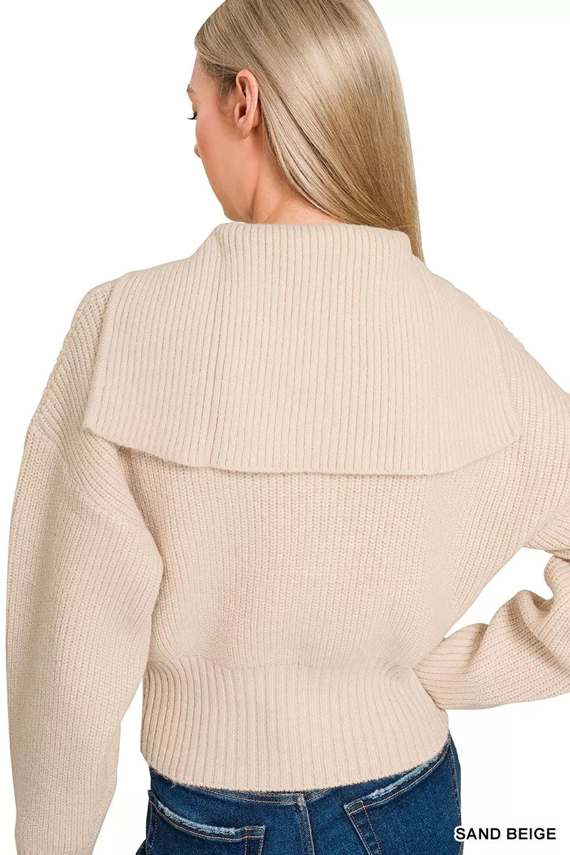 Zenana Ribbed Collared Zip Up Sweater Cardigan in Beige