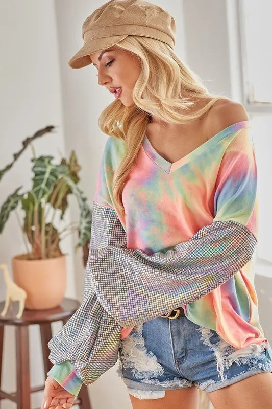 BiBi V Neck Tie Dye French Terry Top with Shiny