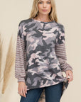 Celeste Full Size Camo Print High-Low T-Shirt with Stripe Sleeves