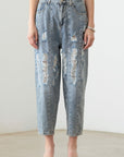 Litz La Washed Barrel Leg High Waist Distressed Jeans