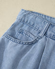 Solid Denim Scalloped Trim High Waist Shorts