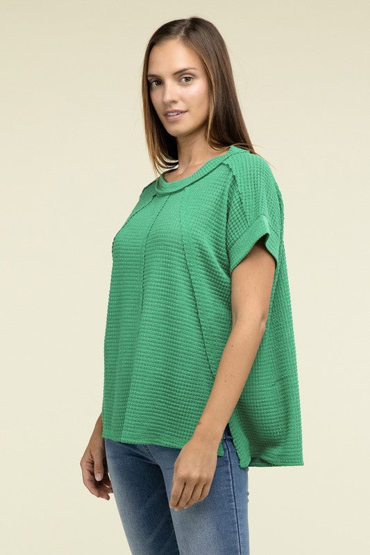 Zenana Brushed Waffle Exposed-Seam Short Sleeve Top