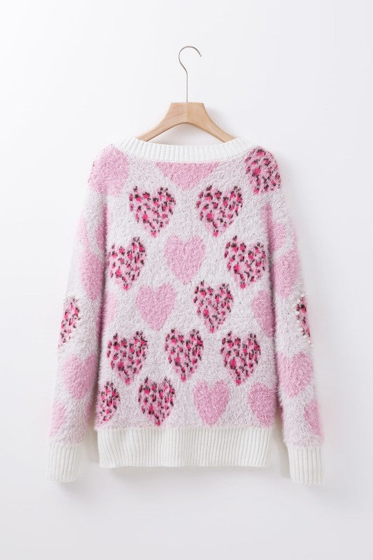 Valentine Leopard Heart Pearl Beaded Fuzzy Sweater