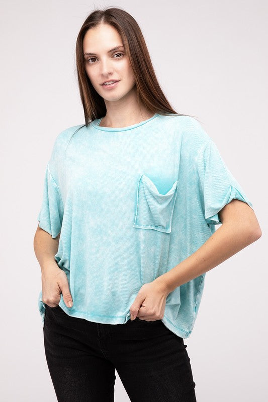 Zenana Washed Ribbed Cuffed Short Sleeve Round Neck Top