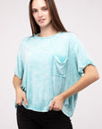 Zenana Washed Ribbed Cuffed Short Sleeve Round Neck Top