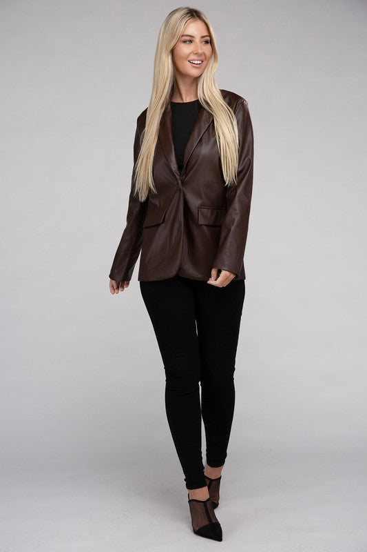 Sleek Pu Leather Blazer with Front Closure