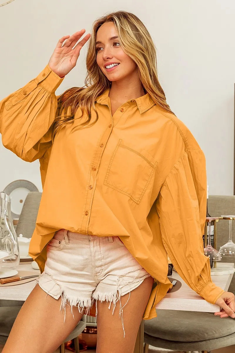 BiBi Vintage Washed Gathered Sleeve Oversized Shirt