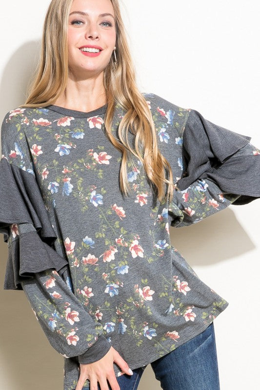 e Luna Floral Mixed Long Sleeve Ruffle Top