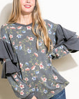 e Luna Floral Mixed Long Sleeve Ruffle Top