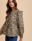 Annie Wear Tied Leopard Round Neck Peplum Blouse