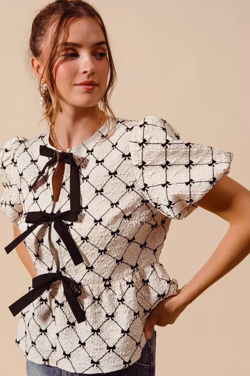 SO ME Bow Texture Woven Peplum Top With Contrast Tie