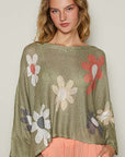 POL Flower Dropped Shoulder Long Sleeve Knit Top