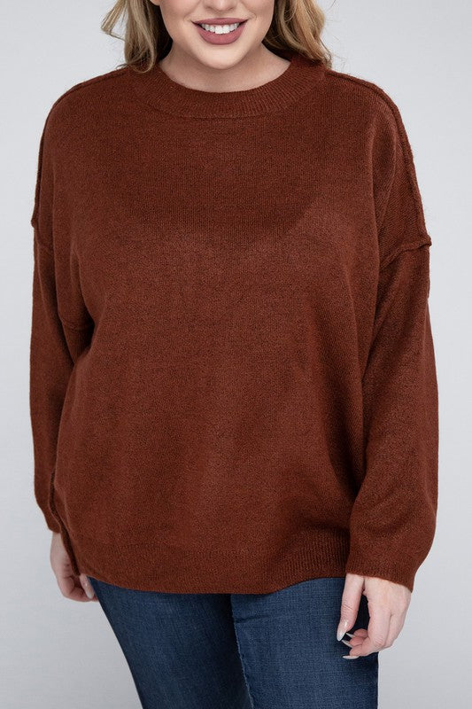 Zenana Plus Oversized Round Neck Raw Seam Melange Sweater