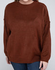 Zenana Plus Oversized Round Neck Raw Seam Melange Sweater