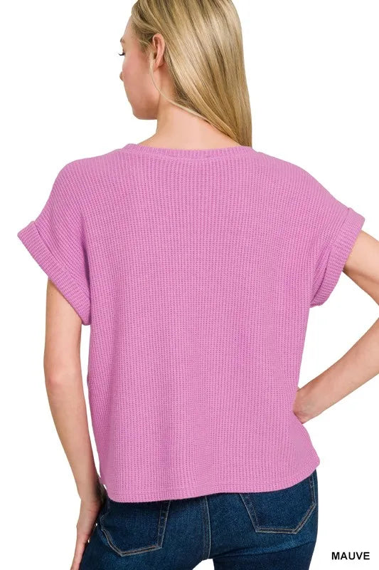 Zenana Rolled Sleeve Top and Pants Sweater Set in Mauve