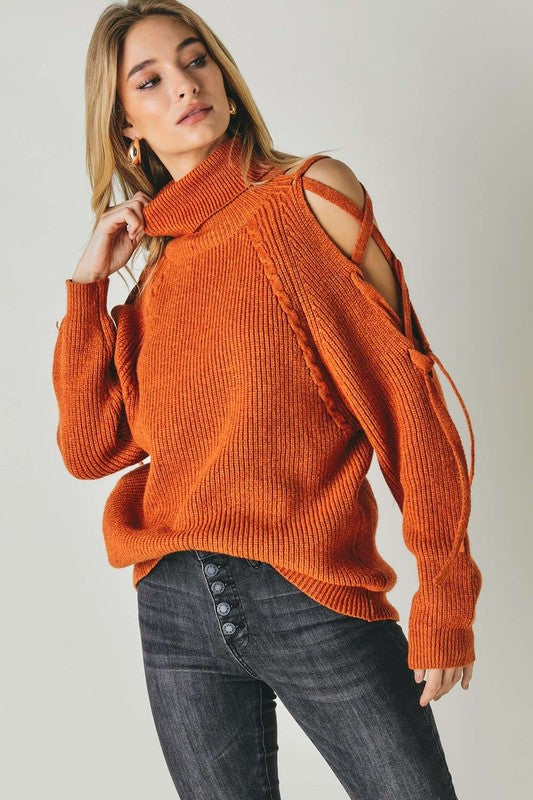 Davi &amp; Dani Turtle Neck Cutout Long Sleeve Sweater - Online Only
