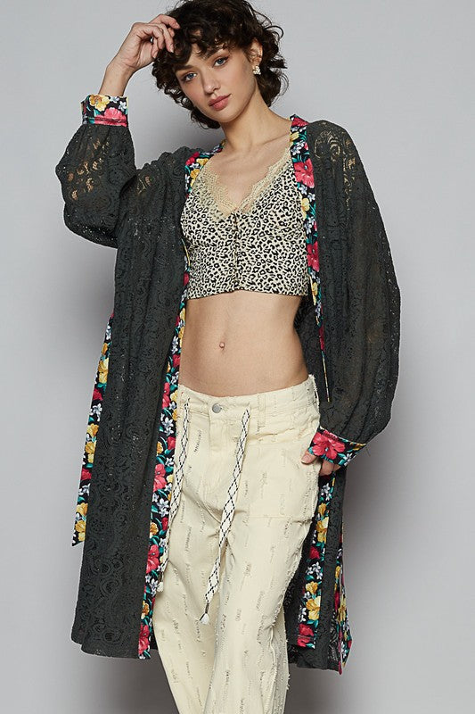 POL Floral Trim Lace Open Front Longline Cardigan