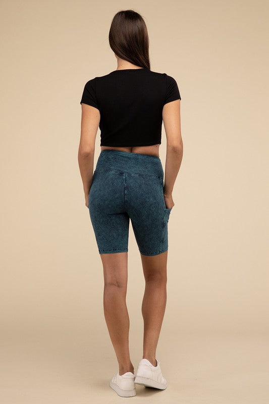 ZENANA Mineral Wash Wide Waistband Pocket Leggings