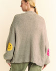 Davi & Dani Fuzzy Smile Open Front Long Sleeve Cardigan