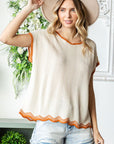 First Love Full Size Contrast Wavy Crochet Drop Shoulder Knit Top