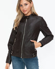 Snobbish Faux Leather Biker Jacket with Side Zip Pockets