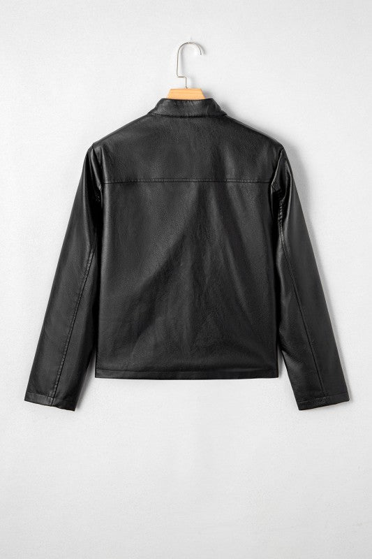 Faux Leather Button-Front Boxy Jacket