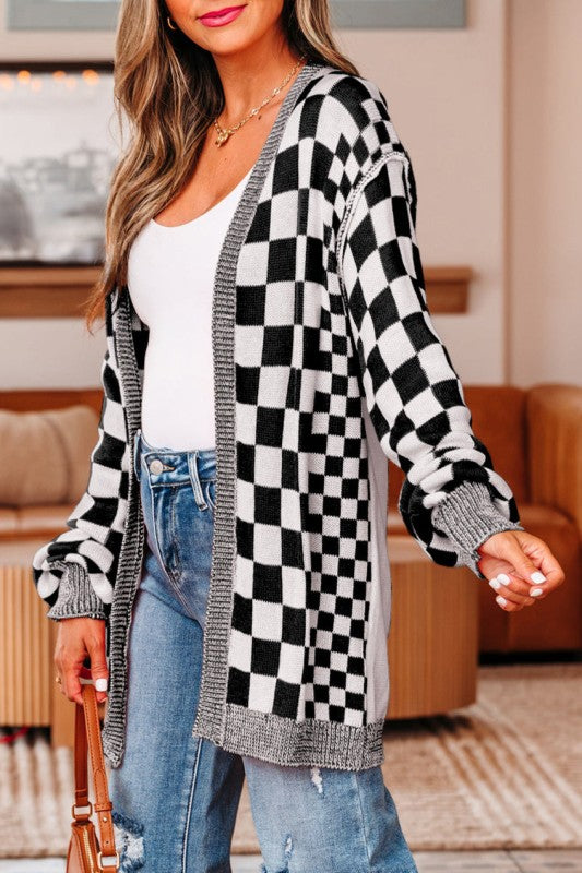 Checker Open Front Drop Shoulder Cardigan