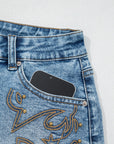 Western Embroidered Studded Denim Shorts