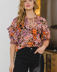 ODDI Full Size Floral Tie Neck Ruffled Blouse