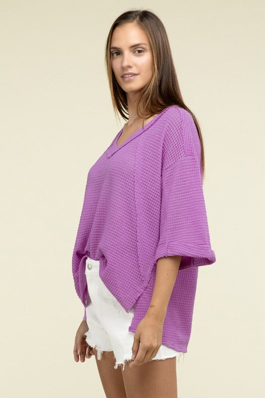 Zenana Brushed Waffle Exposed-Seam 3/4 Sleeve Top