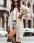 Women Khaki Open Front Plaid Long Cardigan