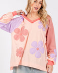 SAGE + FIG Full Size Daisy Applique Patch Color Block Long Sleeve Top