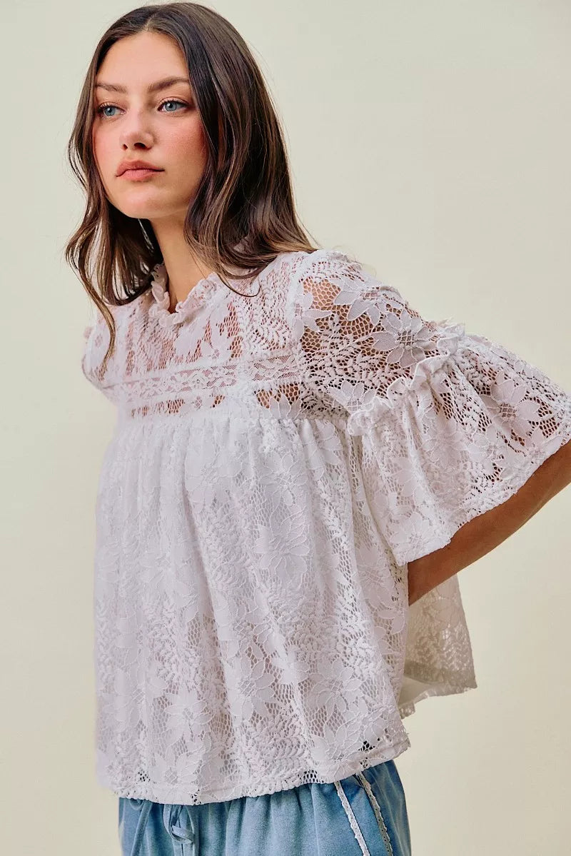 SO ME Lace Ruffled Short Sleeves Swing Top