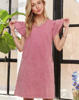 ADORA Mineral Washed V-Neck Ruffled Cap Sleeve Dress